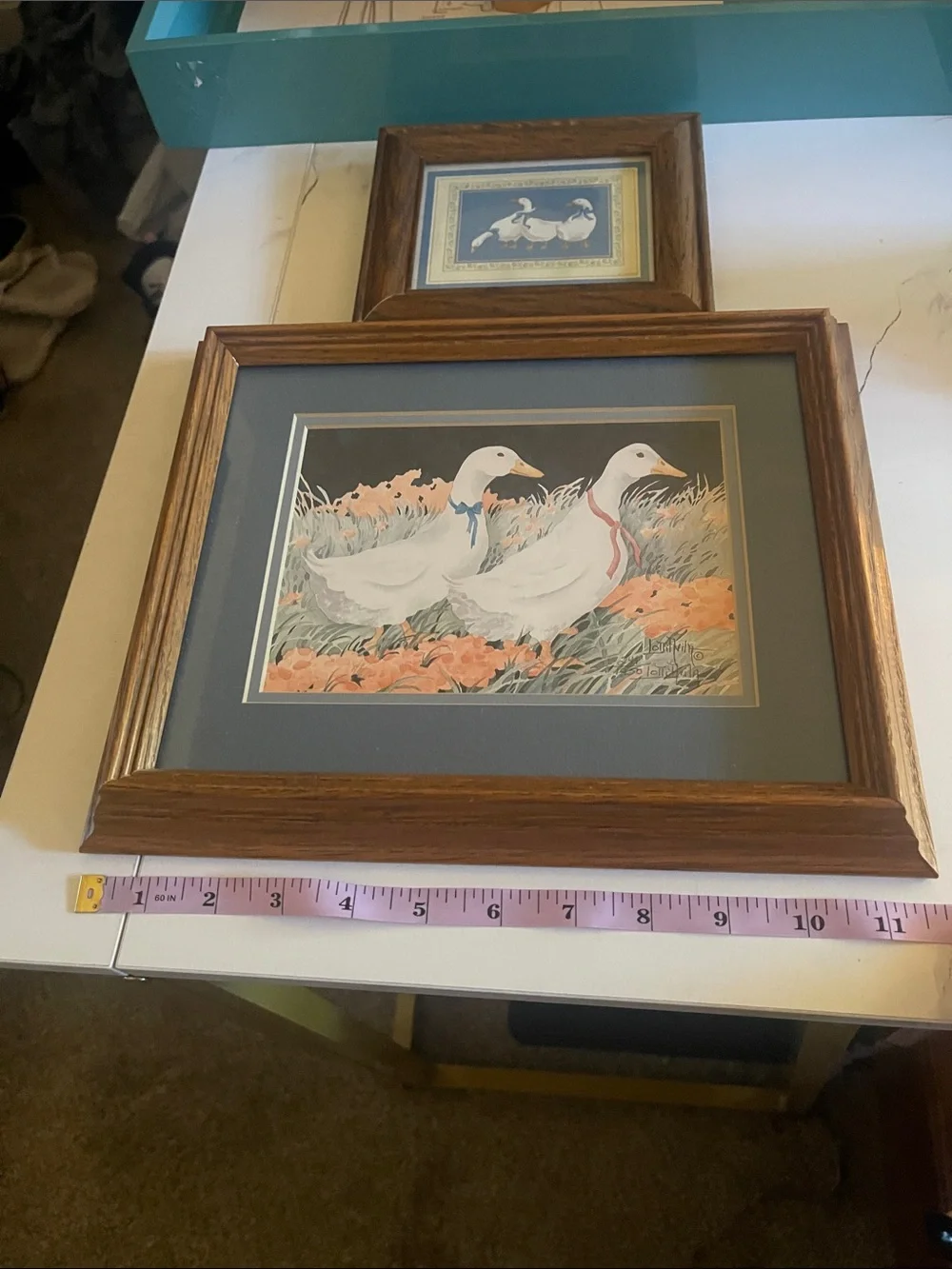 Framed Duck Print Set – White Ducks with Peach Flowers